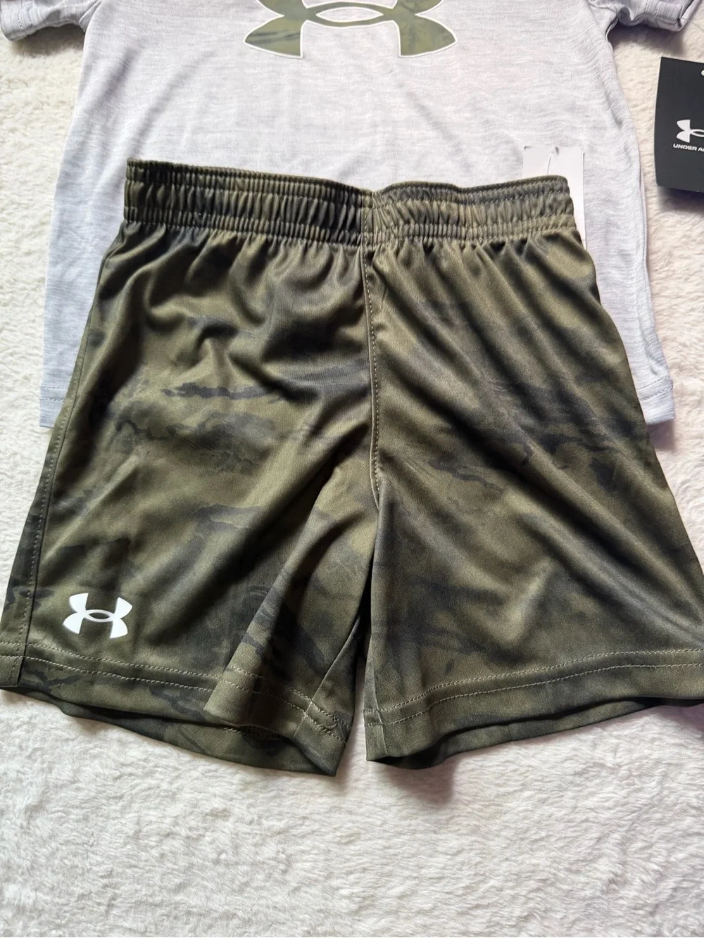 Under Armour Gray Logo Tee with Olive Green Athletic Shorts